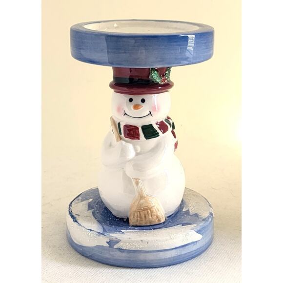 CANDLE HOLDER-HOME INTERIORS-Pillar Candle-Snowman-Sparkle-Holiday-Ceramic - Picture 1 of 9